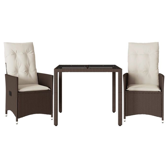 Ensemble de bistro en résine tressée - BURKE - 3 pièces - Coussins marron - Résistance aux UV - Fauteuil inclinable