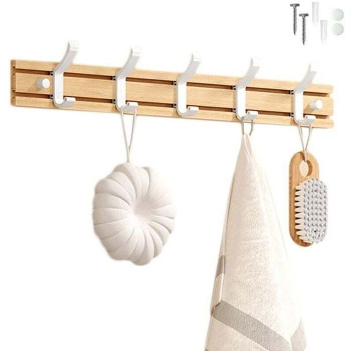 DRE- Porte Manteau Bambou Mural Patères 5 Crochets pour Suspendre Vêtements Peignoirs Serviettes Manteaux Crochet Mural pour E