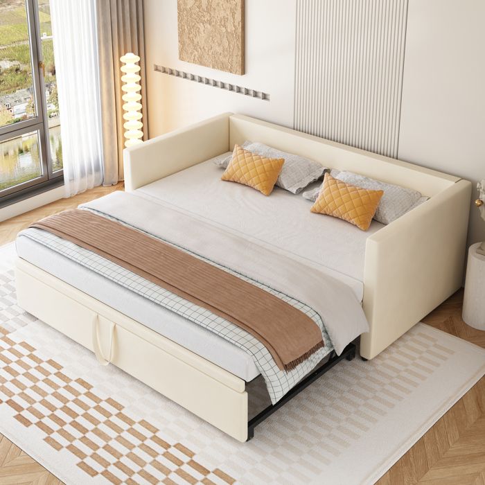 Lit gigogne 90/180×200 cm en velours beige cadre à lattes en bois — gain de place