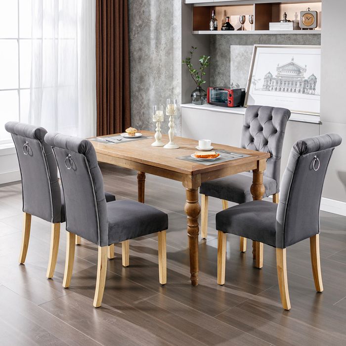 Lot de 4 Chaises de Salle à Manger - Haut Dossier - Assise Rembourrées - Pieds en Bois Chêne - Velours - Gris