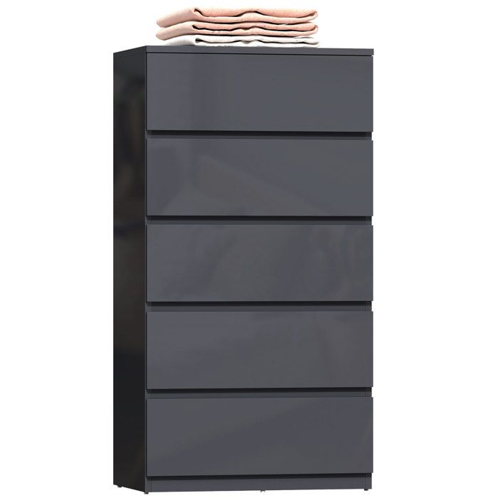 Commode 5 tiroirs - HOMCOM - haute brillance - fermeture douce et silencieuse - panneau de particules - 53 x 34 x 100 cm - gris