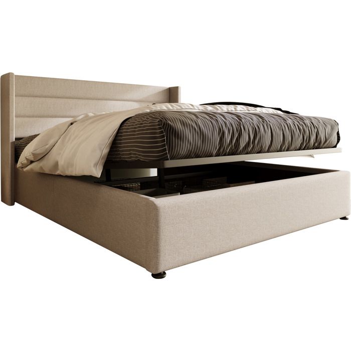 Lit coffre 160x200 cm - Lit rembourré Beige avec sommier à lattes - Lin - Sans Matelas