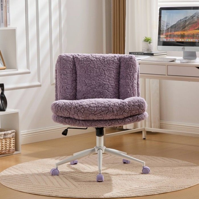 Chaise de bureau large 67cm poils de lapin artificiels violette pivotante réglable base métal chaise coiffeuse 63x67x94cm