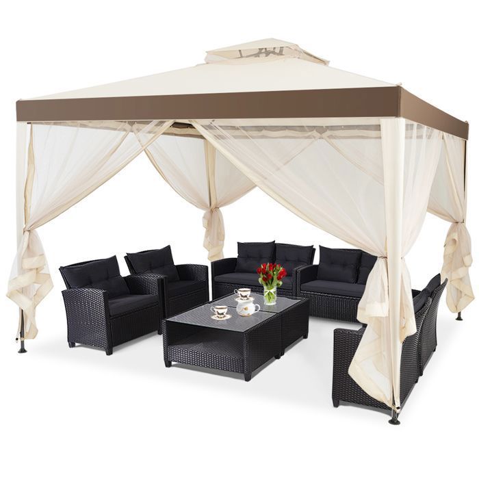 COSTWAY Tonnelle de Jardin 3 x 3M Anti-UV50+ avec 4 Moustiquaires Amovibles Zippées Imperméable pour Jardin/Plage/Terrasse