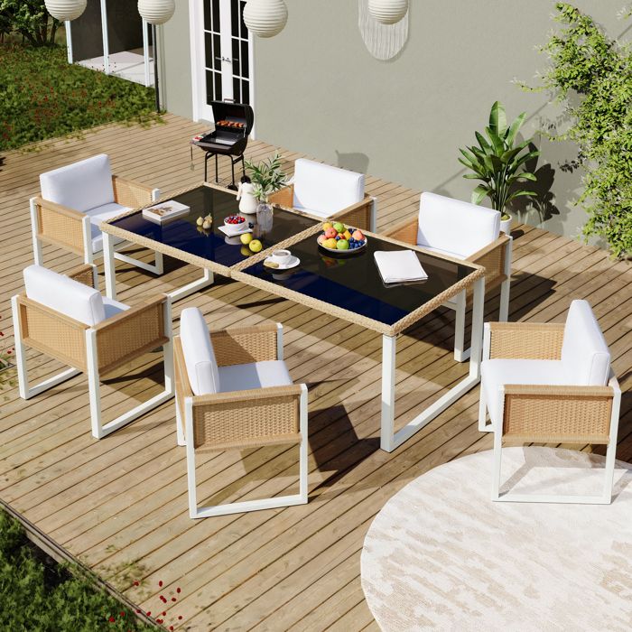 Ensemble table et chaises de jardin - 170x80x75 - 6 places - Plateau verre trempé - Housses tissu amovibles