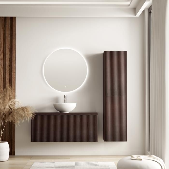 LOMAZOO Ensemble Meuble de Salle de Bain 100cm Noyer Cannelé - Vasque à Poser Blanche - Colonne de Rangement [TROPANI]