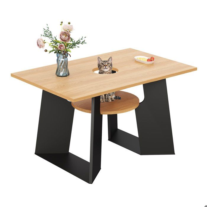 Table à manger avec Étagère pour Animaux Domestiques - 6 personnes - Style Bois naturel et noir - L130 x H85 x P75 cm