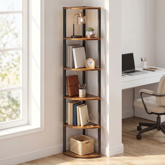Meuble Étagère dAngle à 6 Niveaux Montage Rapide pour Salon Chambre Cuisine 383 x 27 x 1735 cm Marron et Noir