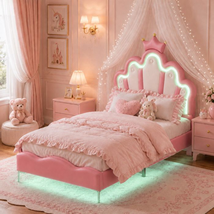 Lit Enfant 90x200 avec Sommier - Éclairage LED RGB - Lit Fille Princesse avec Tête de Lit Réglable - Décor Couronne -Similicuir Rose