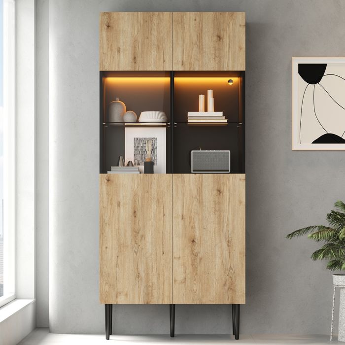 Vitrine LED 80x35x180 cm avec 2 portes vitrées 10 compartiments étagère réglable en verre trempé MDF bois naturel et noir