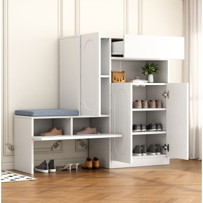 COVREO Meuble à chaussures 2-en-1 avec banc intégré 130 x 35 x 110 cm blanc fermeture douce