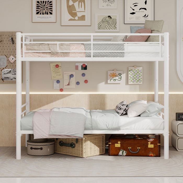 Lit superposé métal 90x190cm - URTR transformable en 2 lits simples échelle et garde-corps blanc sans matelas à ressorts