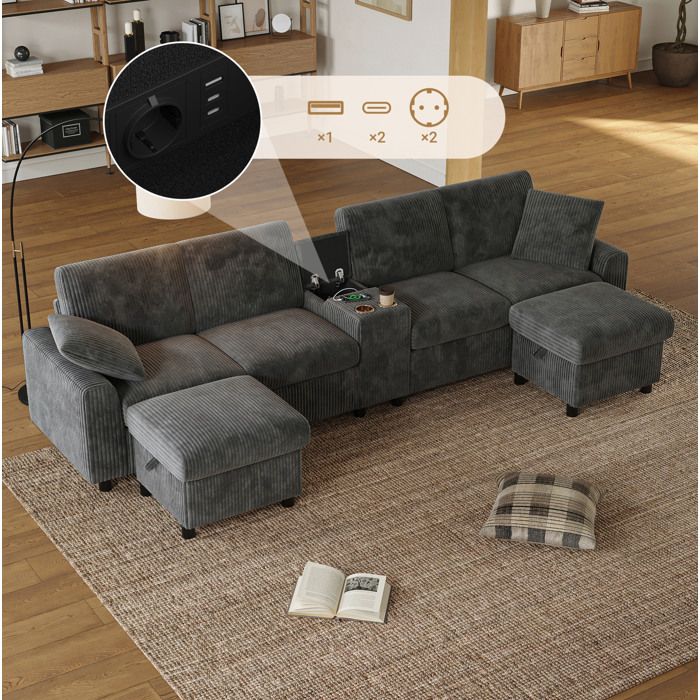WOVREO Canapé fixe en U 4 places 315x135 cm velours côtelé gris avec 2 poufs coffre USB prises et Type-C
