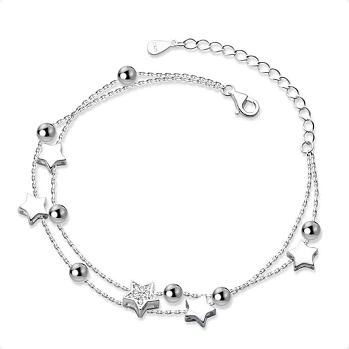 Bracelet Argent 2 En 1 Étoile Perle Réglable Pour Femme Et Fille Double En Argent Fin Bijoux Cadeau Anniversaire Pour Ado[PP322]