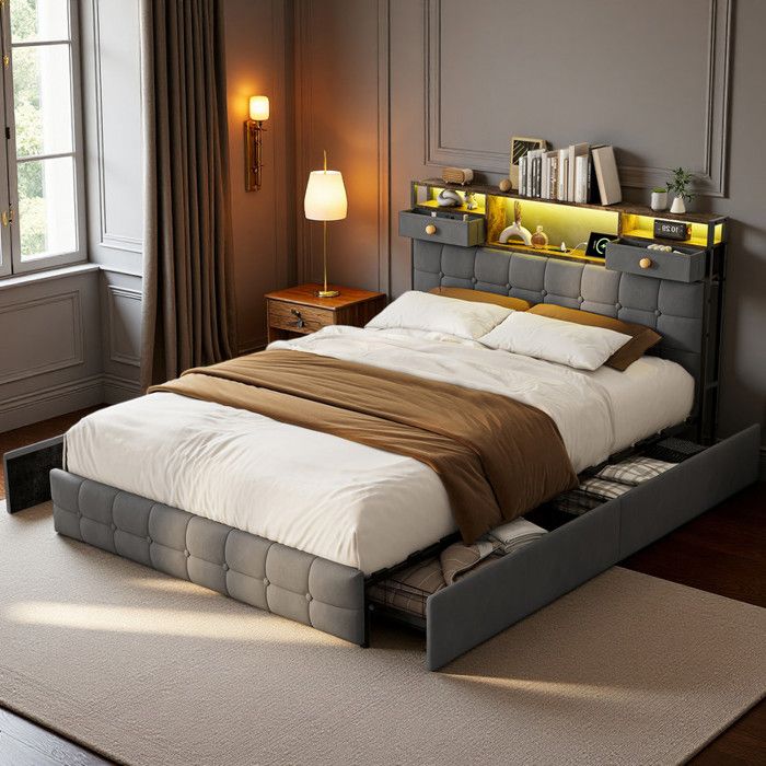 Lit Double 140x200 avec Rangement 4 Tiroirs Roulettes Velours Gris Tête Étagère Structure Acier Bois Style Moderne Minimaliste