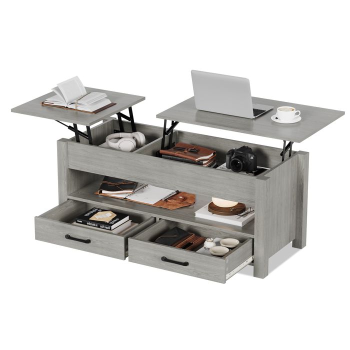 Table Basse Relevable 47 (120 cm) avec Rangement Bois Massif 2 Tiroirs Compartiment Caché & Étagère Ouverte Silencieux Gris