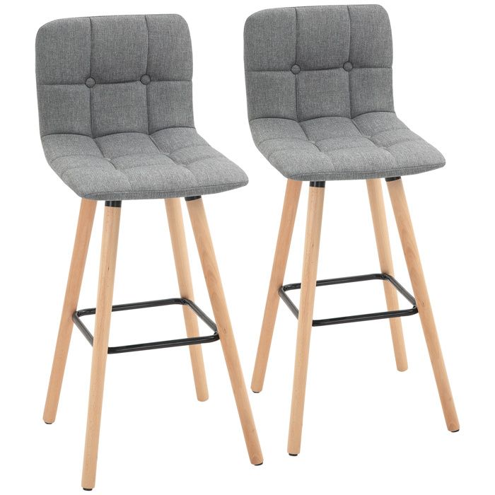 CollaHausse Lot de 2 Tabourets de Cuisine Hauts avec Dossier et Repose-pieds Pieds en Bois Style Moderne Gris