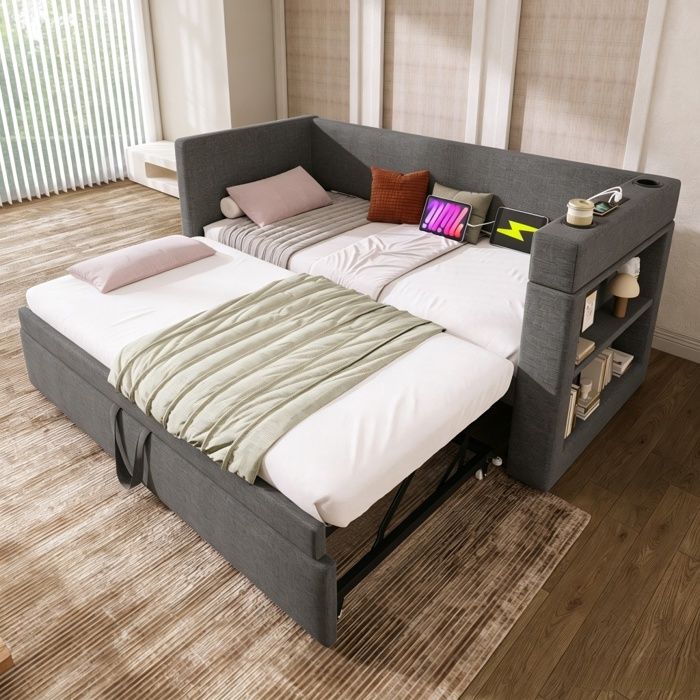 Lit gigogne rembourré 2x90x200 cm - BELLEMAVE - avec ports USB Type-C et porte-gobelets - tissu coton lin - sans matelas - gris