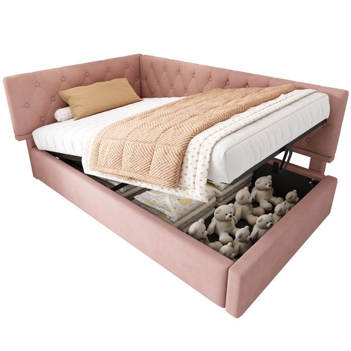 Lit banquette coffre 90 x 190 cm velours rose tête de lit réversible gauche ou droite sommier à lattes inclus sans matelas