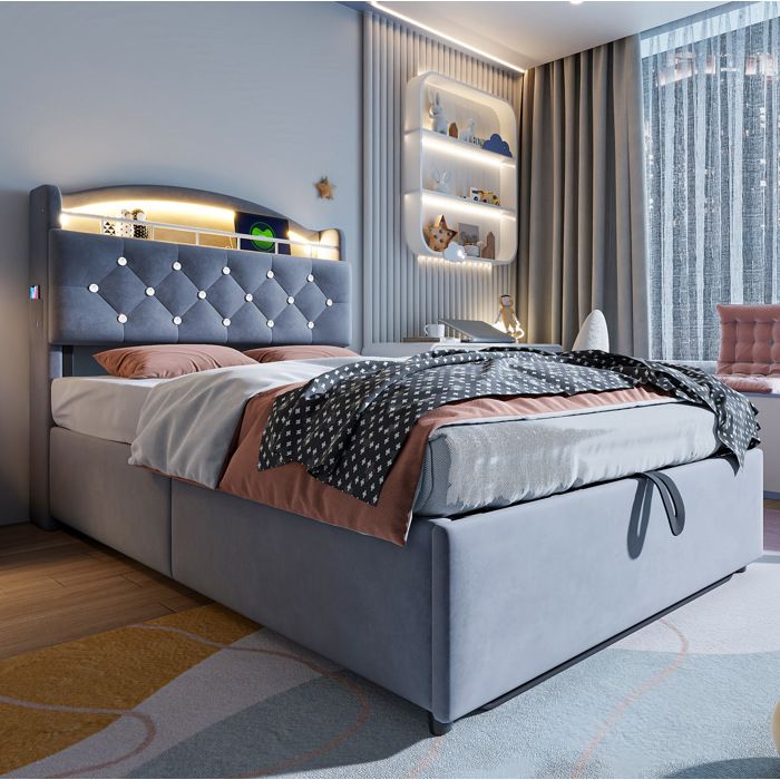 Lit enfant 90 x 200 cm AESVAR avec coffre LED et USB-C tissu gris