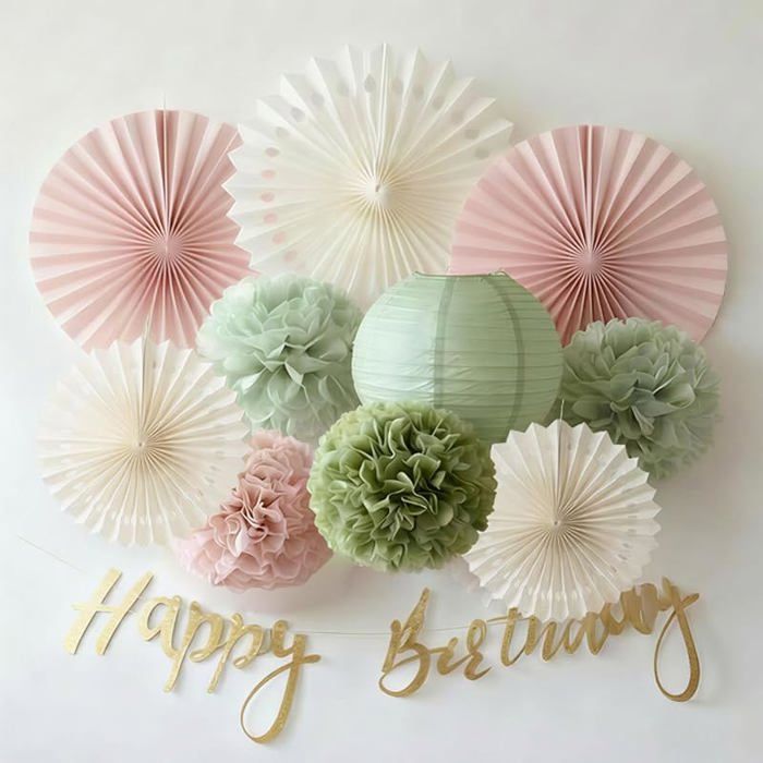 Décoration Vert Sauge et Rose Pompons nternes éventails Idéale pour Anniversaire Femme Fille et A sauge Rose