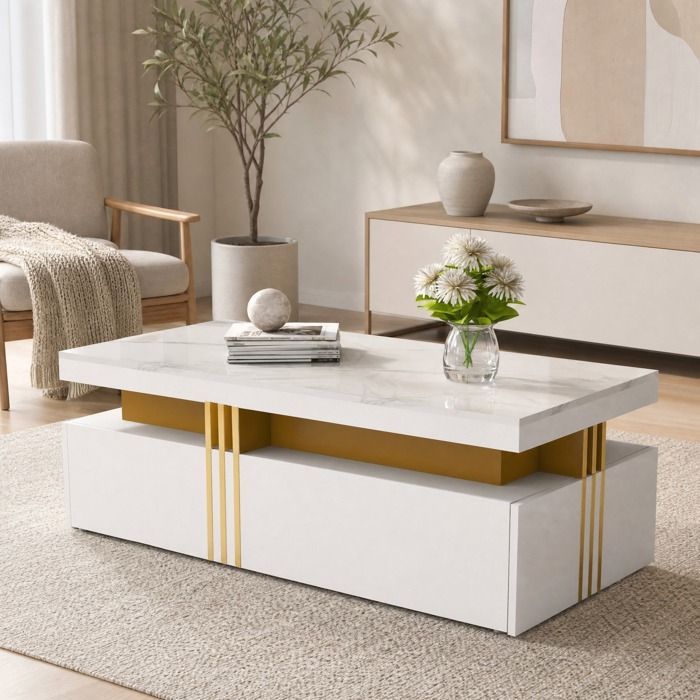 Table basse rectangulaire blanc effet marbre 100x50x40 cm avec 2 tiroirs plateau brillant VEVXYN