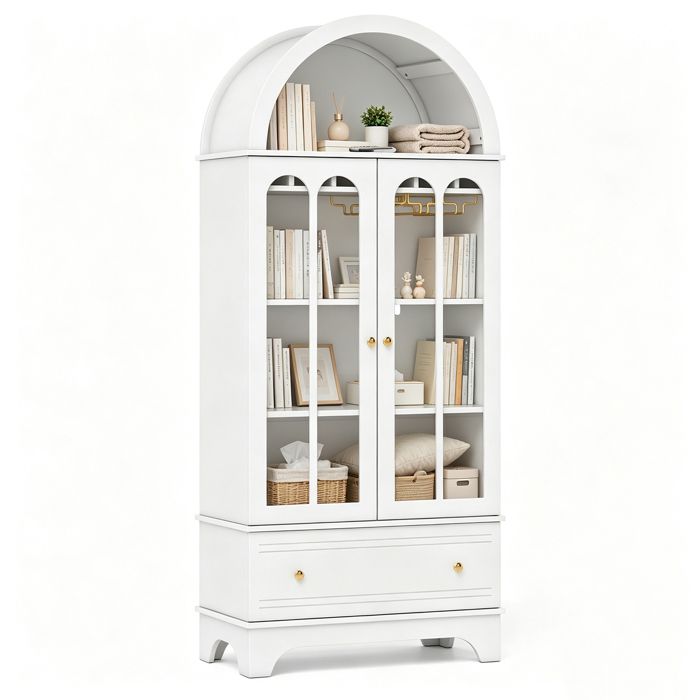 GIANTEX Buffet Haut Arqué 78X40X181CM avec 2 Portes Vitrées Tiroirs Casier à Bouteilles à 3 Rangées Dispositif Anti-basculement Blan