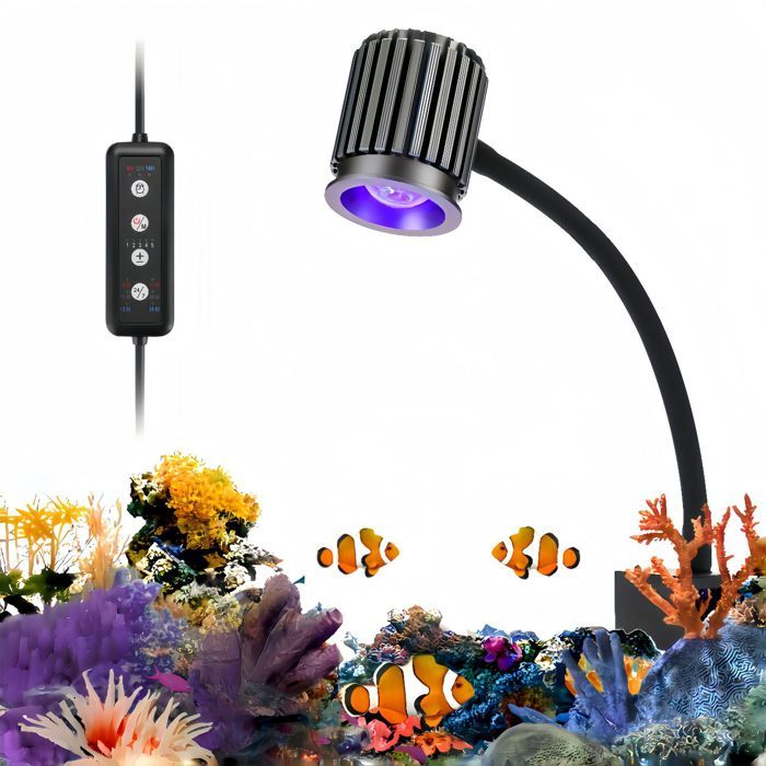 Lampe LED pour aquarium récifal 12W clip flexible minuterie gradation 5 niveaux pour coraux et poissons marins