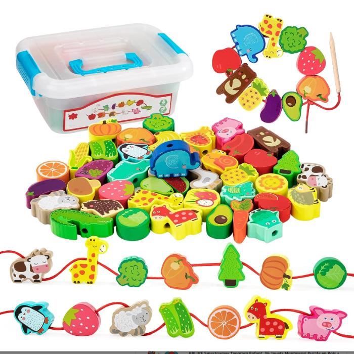 Jeu Montessori 2 Ans Perles à Enfiler En Bois Montessori - 42 Pièces Motifs Animaux Et Fruits - Jouet éducatif 2-6 Ans Jeux Montessori 2 Ans