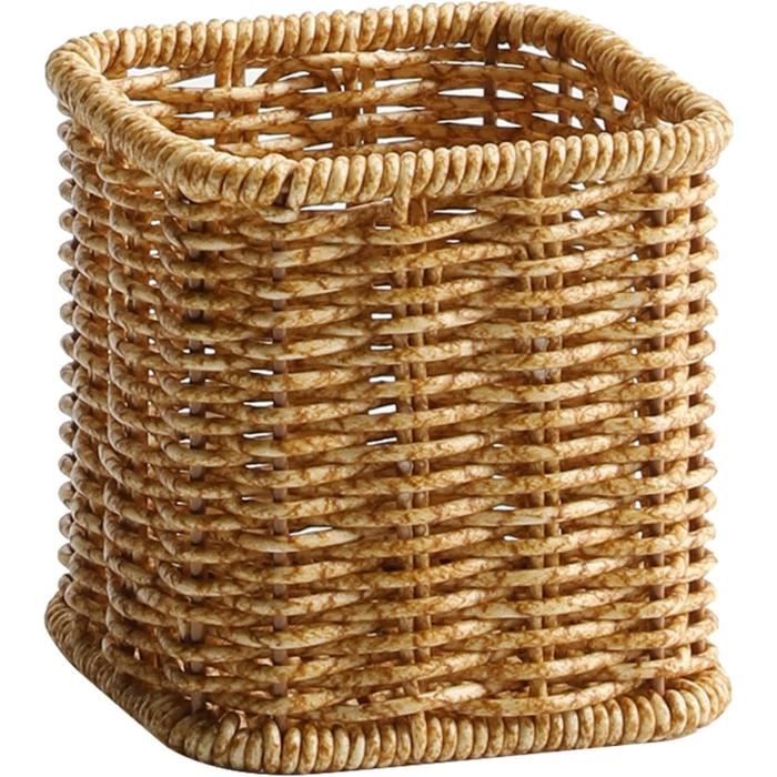 Pot à Crayons En Rotin Tissé Naturel – Base Ronde Stable – 9,5 X 8 X 7,5 Cm – Pour Bureau, Rangement Papeterie
