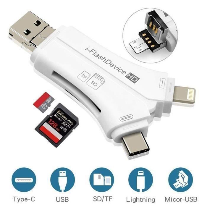 4 en 1 iPhone-Micro USB-USB Type-c-Lecteur de carte SD USB pour