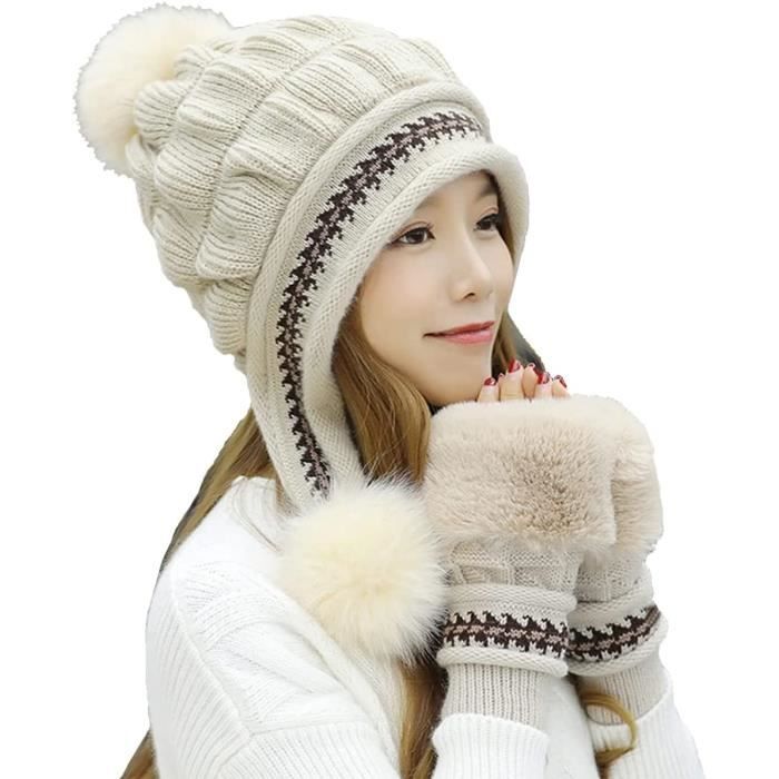 Bonnet tricoté d'hiver pour femmes avec fausse fourrure Pom tricot chaud  Bonnet de crâne bonnet pour femmes