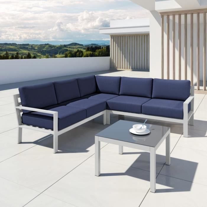 salon de jardin en aluminium d angle design aluminium blanc bleu marine mio cdiscount jardin