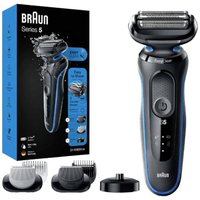 Rasoir Électrique BRAUN Series 5 51B4650CSBLU 3 Lames Flexibles Technologie AutoSense 100% Étanche