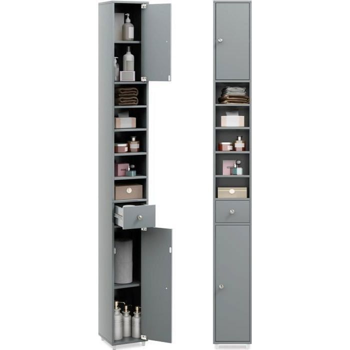 COSTWAY Meuble Colonne de Salle de Bain avec 2 Placards à Porte 1 Tiroir et 5 Étagères Réglables 20 x 20 x 180 cm Gris