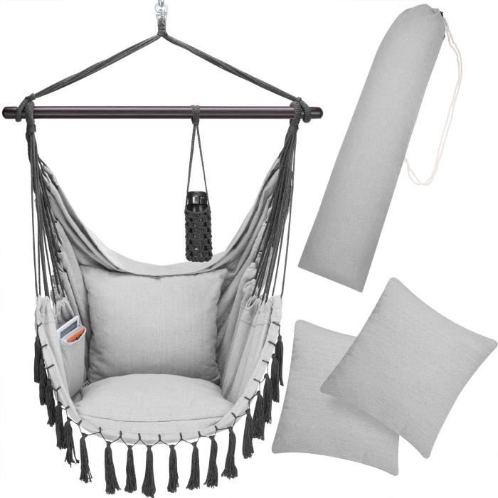 chaise suspendue detex - gris clair - xl hamac coton avec coussins et porte-bouteille - intérieur extérieur