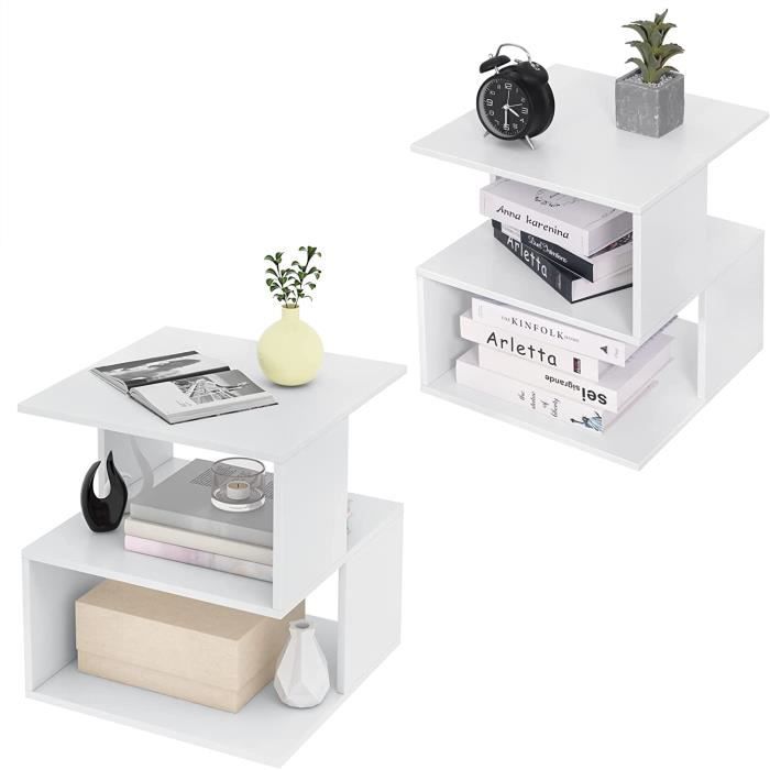 EUGAD Table de Chevet Blanc Lot de 2 Table d’appoint Design Moderne Petite Bibliothèque avec 2 Étagères 40x40x435cm 0166ZZ-2