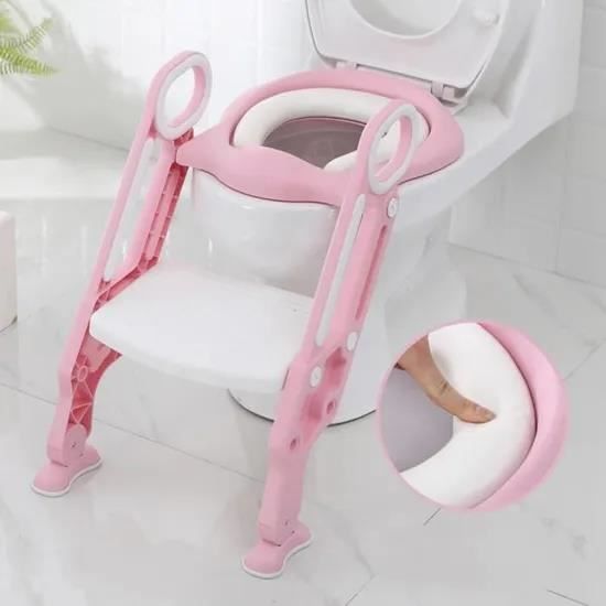 GOBRO*Siège de Toilette Enfant Bébé Pliable et Réglable avec Marches Larges, Lunette de Toilette Confortable (Rose et Blanc)