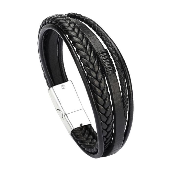 MILAKOO 6 Pièces Bracelets En Cuir Tressé Hommes Femmes - Perles Bois Manchette Wrap Réglable Style Vintage Punk