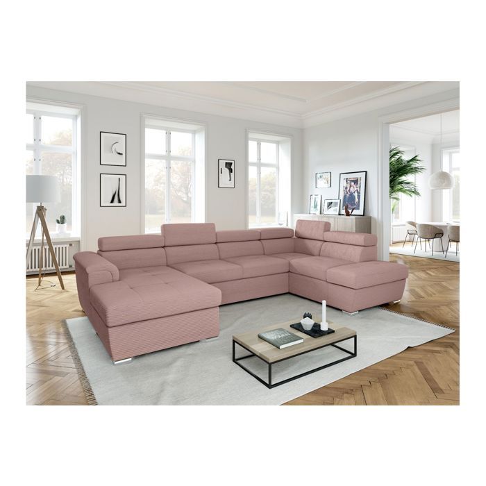 Canapé panoramique 6 places PAOLA convertible avec 2 coffres en velours côtelé - Rose - L320 5 x P188 x H76cm - LOUNGITUDE