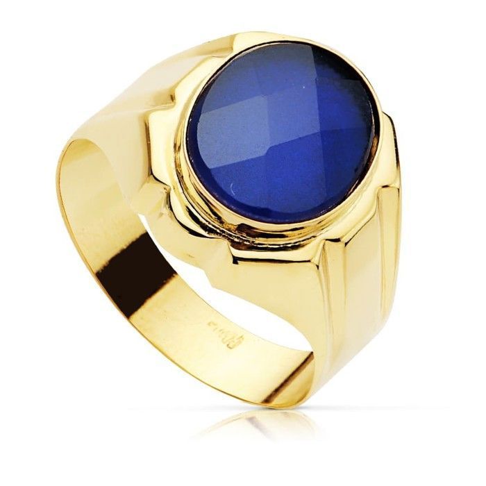 Bague chevalière creuse en or 9 carats pour homme avec pierre spinelle bleue naturelle 125 x 10 mm.