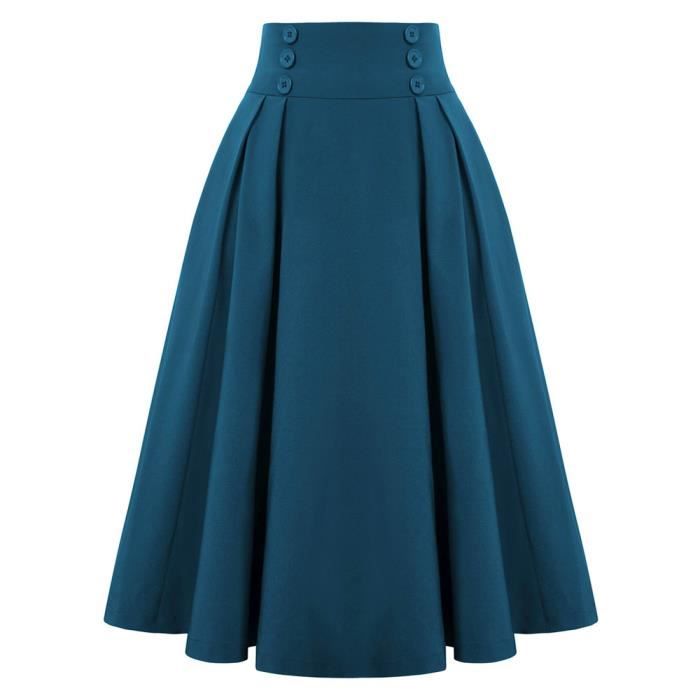 Jupe Plissée Mi-longue En Tricot Pour Femme - Taille Haute, Coupe Ample - Automne/hiver - Bleu - Matière Douce Extensible