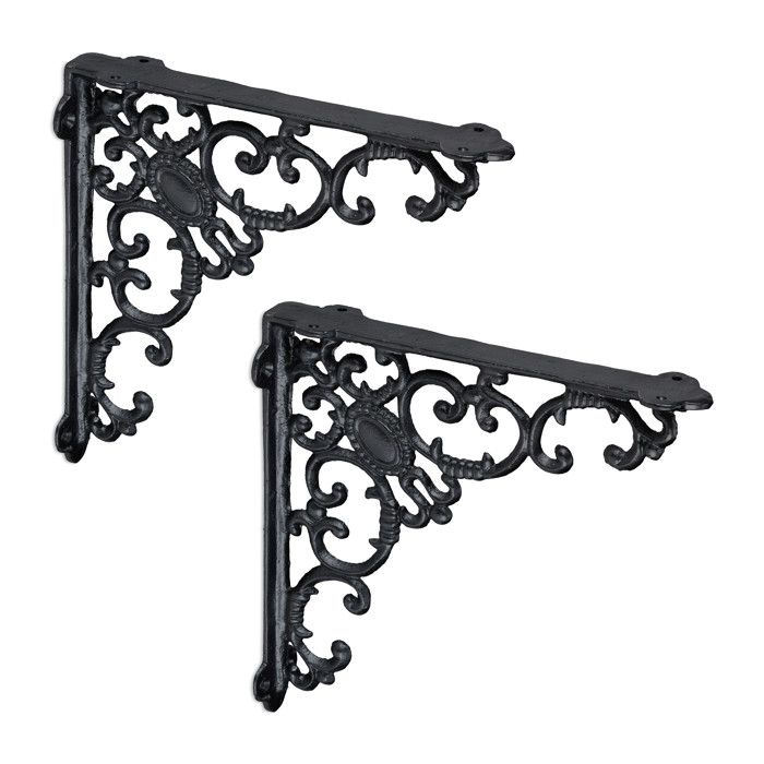 Relaxdays Équerre étagère murale lot de 4 ancien fonte de fer ornements baroques HxLxP : 21 5x21 5x4 cm noir