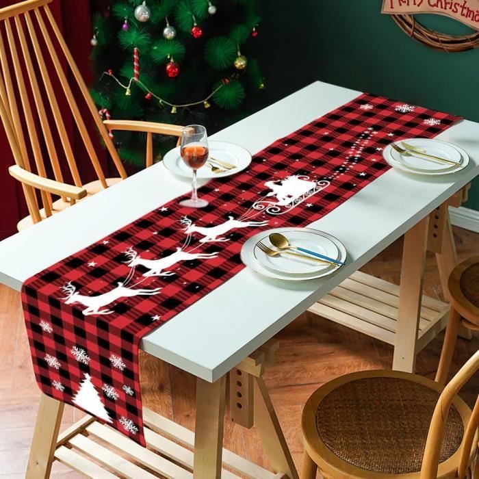 Chemin De Table Noël 40x140 Cm - Motif élans Et Flocons De Neige Rouge - Déco Festive Pour Table, Cheminée, Fenêtre
