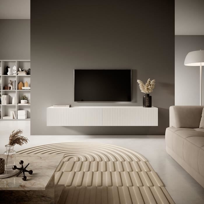 Meuble TV - VELDIO - 175 cm blanc avec façade fraisée