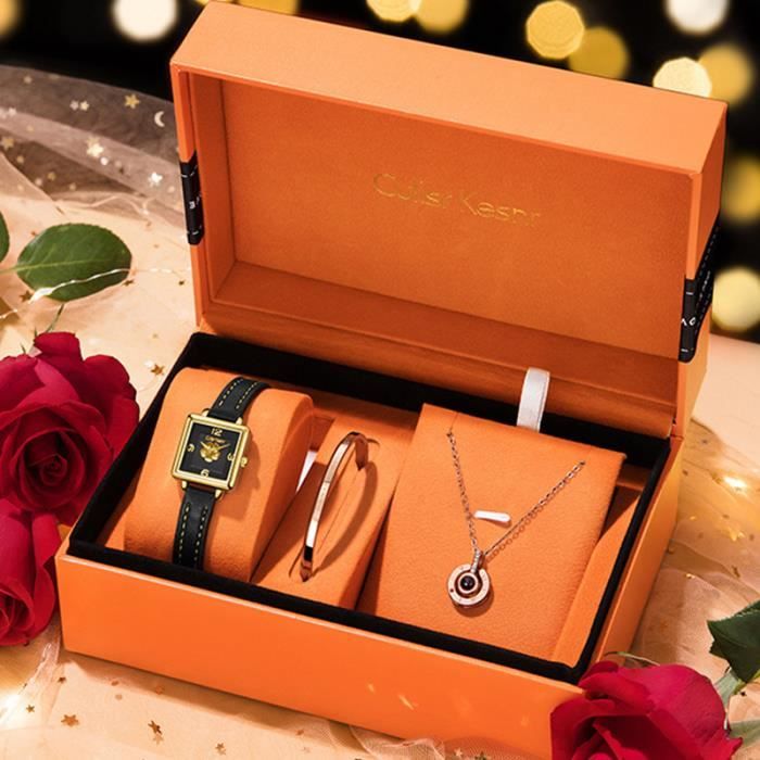 Ensemble Montre Carrée Femme Luxe + 5 Bracelets Assortis - Noir, Blanc, Doré - Quartz