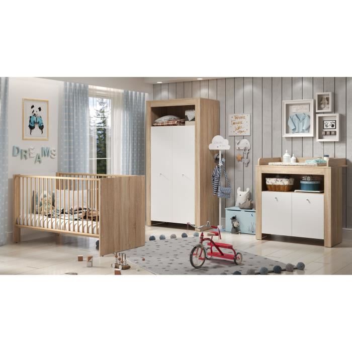 Chambre bébé trio PIA - Lit 70x140 cm + Commode à langer 2 portes + Armoire 2 portes - Décor chêne sonoma et blanc mat - TRENDTEAM