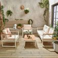 Salon de jardin 5 places en aluminium et eucalyptus – NAZCA – Structure blanche. Coussins beiges-1