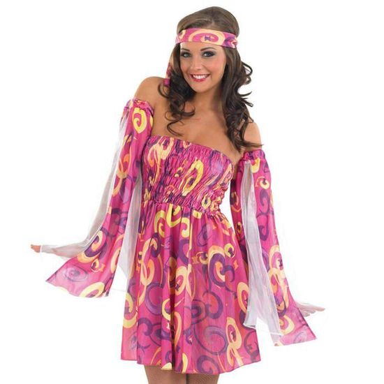 Costume Hippie Donna Anni 70 – Vestito Fluo Con Fascia E Maniche, Taglie S-XXL, Perfetto Per Carnevale E Halloween