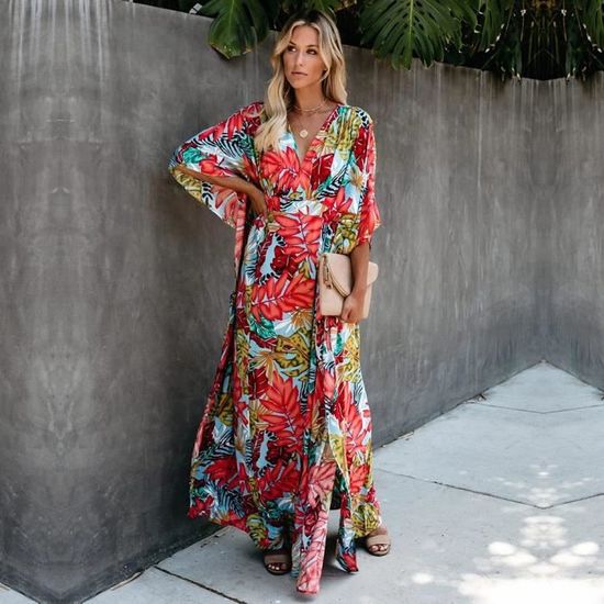 Robe Longue Caftan Boho Femme - Taille Unique, Polyester - Pour Plage, Piscine, Maison - Style Fluide Et Léger